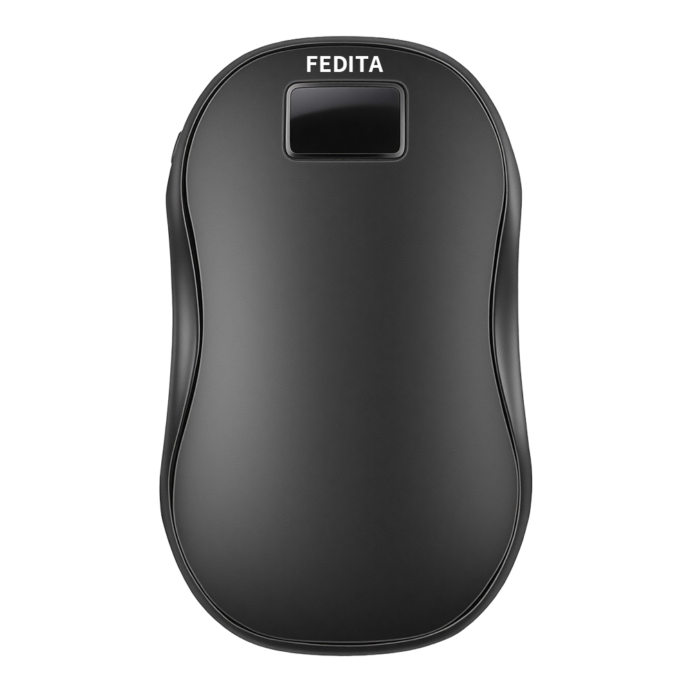 Black double-sided rechargeable hand warmer with digital display